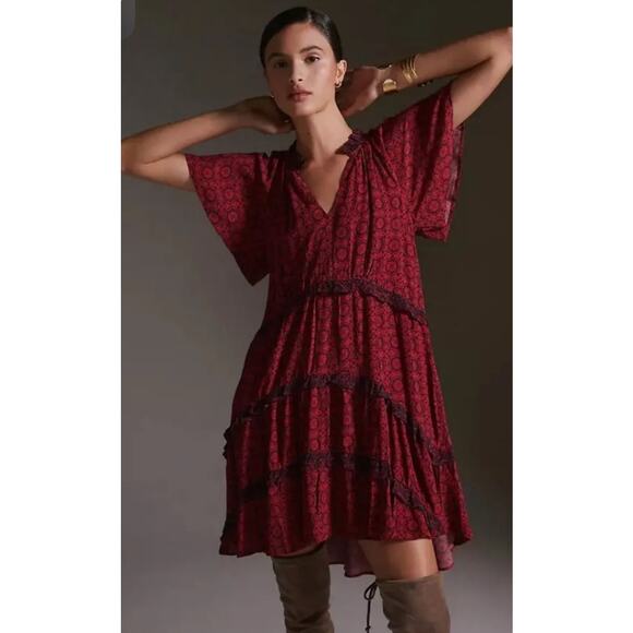 Anthropologie Robin Tiered Lace Trim Draped Mini Dress Medium - Picture 1 of 6